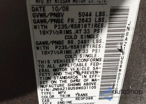 2009 Nissan Murano Sl из США, поврежденный, VIN JN8AZ18U59W031105